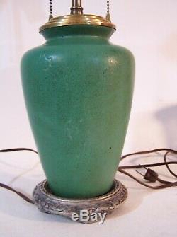 Vintage Matte Green Tobacco Leaf Pottery Lamp Zanesville Grueby Arts & Crafts