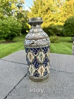 Vintage Moroccan Moorish Vase Ceramic with Silver Filigree 10-1/2 tall