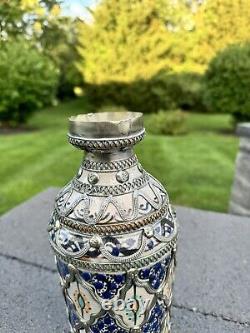 Vintage Moroccan Moorish Vase Ceramic with Silver Filigree 10-1/2 tall