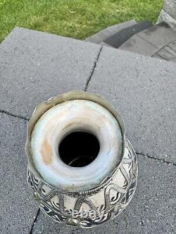 Vintage Moroccan Moorish Vase Ceramic with Silver Filigree 10-1/2 tall