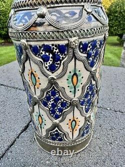 Vintage Moroccan Moorish Vase Ceramic with Silver Filigree 10-1/2 tall