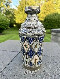 Vintage Moroccan Moorish Vase Ceramic with Silver Filigree 10-1/2 tall