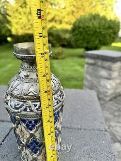 Vintage Moroccan Moorish Vase Ceramic with Silver Filigree 10-1/2 tall