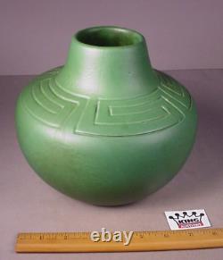 Vintage Owens Art Pottery Matte Green Vase geo design Ohio Arts & Crafts 7.5 x 8