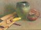 Vintage Painting On Canvas Arts & Crafts Still Life Pottery & Corn Cob By