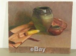 Vintage Painting On Canvas Arts & Crafts Still Life Pottery & Corn Cob by