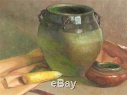 Vintage Painting On Canvas Arts & Crafts Still Life Pottery & Corn Cob by