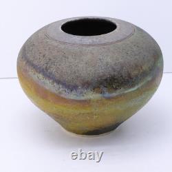 Vintage Raku Pottery Vessel Vase Urn Irridescent Accents Estate Find MC Signed