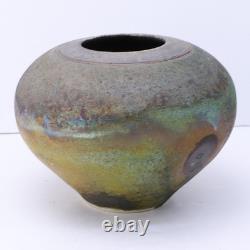 Vintage Raku Pottery Vessel Vase Urn Irridescent Accents Estate Find MC Signed
