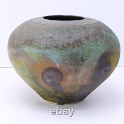 Vintage Raku Pottery Vessel Vase Urn Irridescent Accents Estate Find MC Signed