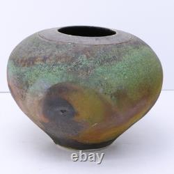 Vintage Raku Pottery Vessel Vase Urn Irridescent Accents Estate Find MC Signed