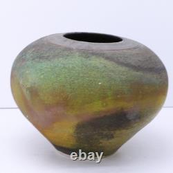 Vintage Raku Pottery Vessel Vase Urn Irridescent Accents Estate Find MC Signed