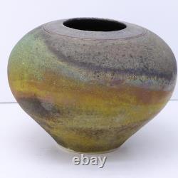 Vintage Raku Pottery Vessel Vase Urn Irridescent Accents Estate Find MC Signed