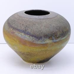 Vintage Raku Pottery Vessel Vase Urn Irridescent Accents Estate Find MC Signed