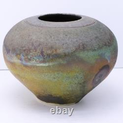Vintage Raku Pottery Vessel Vase Urn Irridescent Accents Estate Find MC Signed