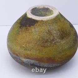 Vintage Raku Pottery Vessel Vase Urn Irridescent Accents Estate Find MC Signed
