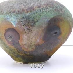 Vintage Raku Pottery Vessel Vase Urn Irridescent Accents Estate Find MC Signed
