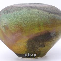 Vintage Raku Pottery Vessel Vase Urn Irridescent Accents Estate Find MC Signed