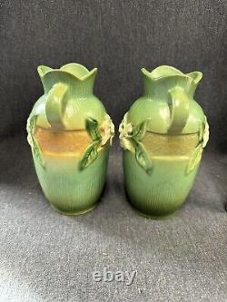 Vintage Roseville GREEN Handle Urn VASES Pair 6 ARTS & CRAFTS Pottery 40's