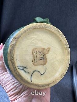 Vintage Roseville GREEN Handle Urn VASES Pair 6 ARTS & CRAFTS Pottery 40's