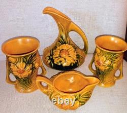 Vintage Roseville Pottery Lot of Four Peony. #3C Creamer. #57-4 Vases. #7-6 Ewer