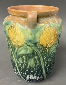 Vintage Roseville Pottery Sunflower Arts & Crafts Doubled Handled Vase #487-6