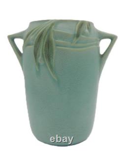 Vintage Roseville Velmoss Green Art Pottery Vase, 714-6 Double Handles 6 MINT