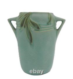 Vintage Roseville Velmoss Green Art Pottery Vase, 714-6 Double Handles 6 MINT