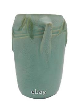Vintage Roseville Velmoss Green Art Pottery Vase, 714-6 Double Handles 6 MINT