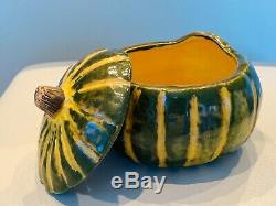 Vintage Signed Barbara Eigen 8 Hand-Crafted Pumpkin Soup Cream Lidded Bowls