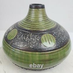 Vintage Studio Crafted Pottery Glazed Green Brown Vase ART 10x7 Inch