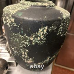 Vintage Substantial Raku Pottery Urn Vase Iridescent Black W Applied Accents