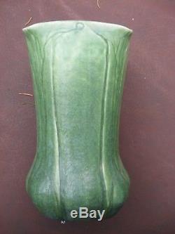 Vintage Volkmar Pottery Large Hand Thrown / Incised Arts & Crafts Vase Green Gl