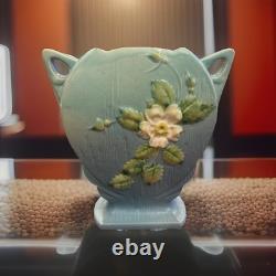 Vintage White Rose Blue Azure Roseville MCM Pillow Pottery Vase 984-8 8 1/2 T