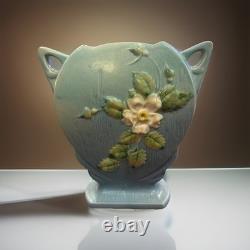 Vintage White Rose Blue Azure Roseville MCM Pillow Pottery Vase 984-8 8 1/2 T