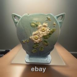 Vintage White Rose Blue Azure Roseville MCM Pillow Pottery Vase 984-8 8 1/2 T