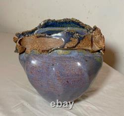 Vintage handmade Jan Jones purple glaze brutalist stoneware pottery vase pot