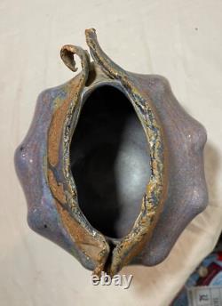 Vintage handmade Jan Jones purple glaze brutalist stoneware pottery vase pot