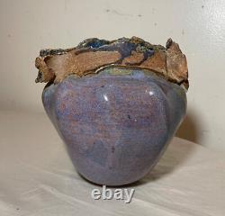 Vintage handmade Jan Jones purple glaze brutalist stoneware pottery vase pot