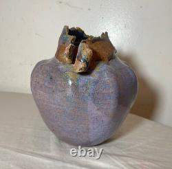 Vintage handmade Jan Jones purple glaze brutalist stoneware pottery vase pot