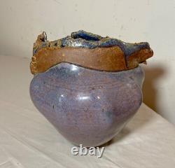 Vintage handmade Jan Jones purple glaze brutalist stoneware pottery vase pot