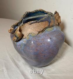 Vintage handmade Jan Jones purple glaze brutalist stoneware pottery vase pot