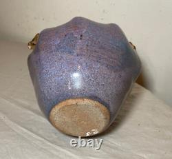 Vintage handmade Jan Jones purple glaze brutalist stoneware pottery vase pot