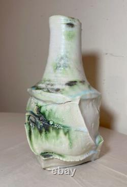 Vintage handmade studio green white Brutalist signed art pottery vase sculpture