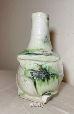 Vintage handmade studio green white Brutalist signed art pottery vase sculpture