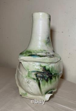 Vintage handmade studio green white Brutalist signed art pottery vase sculpture