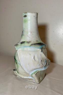 Vintage handmade studio green white Brutalist signed art pottery vase sculpture