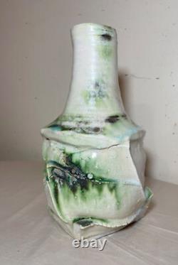 Vintage handmade studio green white Brutalist signed art pottery vase sculpture