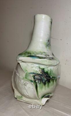 Vintage handmade studio green white Brutalist signed art pottery vase sculpture