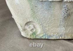 Vintage handmade studio green white Brutalist signed art pottery vase sculpture